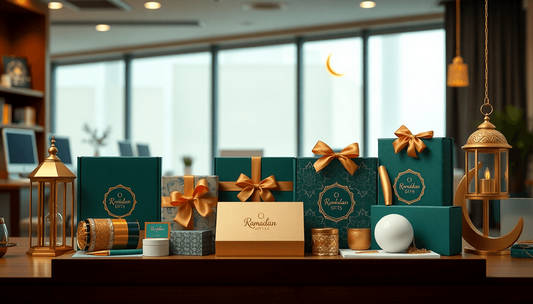 Merchandise korporat yang elegan untuk Ramadan, menampilkan kotak hadiah dekoratif, perlengkapan kantor bergaya, dan lentera dalam suasana kantor yang hangat dengan nuansa emas kaya dan hijau tua.