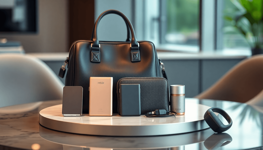 Set hadiah korporat yang elegan di atas meja bergaya, menampilkan power bank ramping, tas modis, dan perangkat kebugaran portabel dalam suasana profesional yang canggih
