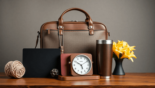 Set hadiah korporat yang canggih dengan tas laptop, kalender bergaya, dan tumbler ramping, disusun dengan elegan di atas permukaan kayu yang halus dengan pencahayaan lembut