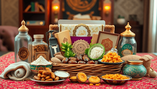 Sebuah keranjang Ramadan yang indah, diisi dengan makanan tradisional, kurma, dan perlengkapan ibadah, diletakkan di latar belakang yang hangat dan mengundang.