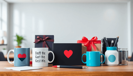 Sebuah tampilan berwarna-warni dari hadiah korporat yang dipersonalisasi, termasuk cangkir custom dan pena yang diukir, diatur di atas meja kayu dalam suasana kantor yang lembut