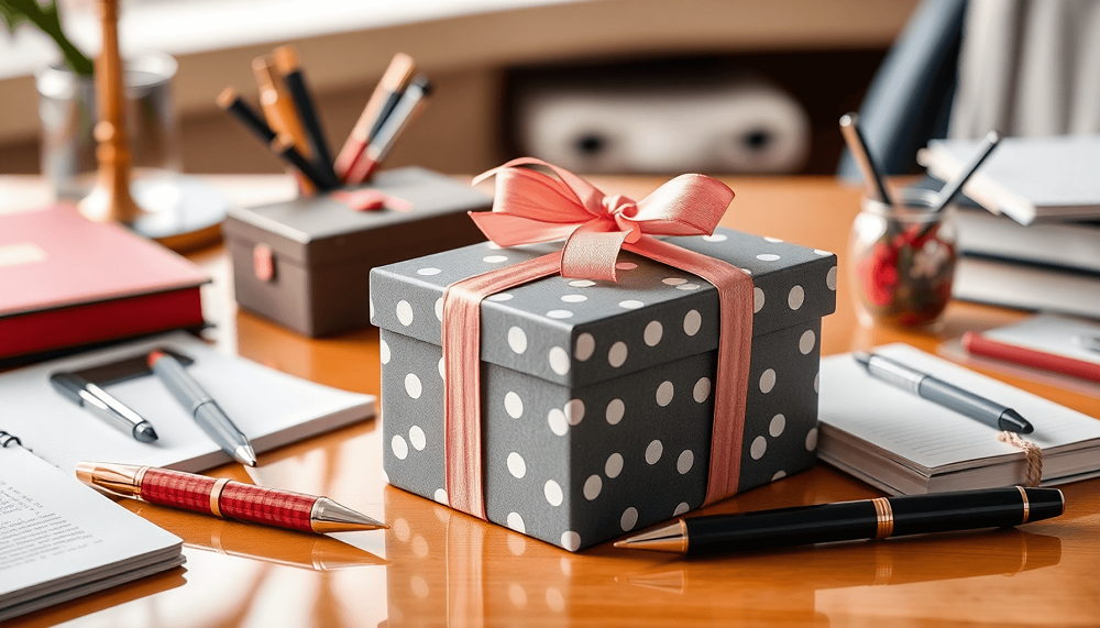 Sebuah kotak hadiah korporat yang dibungkus dengan indah dikelilingi oleh peralatan kantor yang elegan di atas meja yang dipoles, menyampaikan profesionalisme dan penghargaan dalam hubungan bisnis
